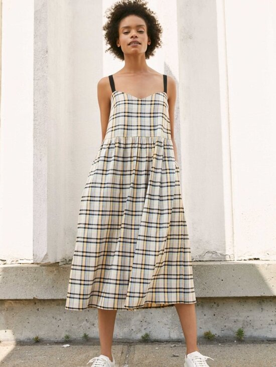 Eve Gravel Dresses & Skirts - EVE GRAVEL Plaid Linen Blend Black Ribbon Strap Loose A-Line Midi Dress, Size M